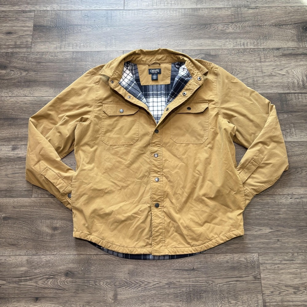 Chaps Jacket Mens Large Beige Fleece Lined Canvas‎ Snap Front Workwear CM33JW290